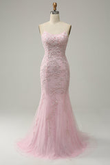Pink Prom Dress Mermaid Long Evening Dress with Appliques