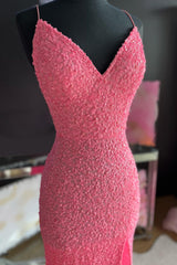 Pink Prom Dress Mermaid Long Sequined Evening Dress with Slit