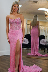 Pink Prom Dress Mermaid Strapless Corset Long Evening Dress with Slit