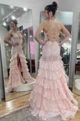 Pink Prom Dress Mermaid Sweetheart Halter Spaghetti Strap Sleeveless Lace Tulle Slit Formal Dress