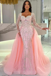 Pink Prom Dress Mermaid Sweetheart Sleeves Beaded Panel Train Tulle Formal Dress With Sequins