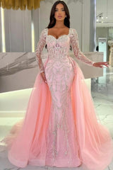 Pink Prom Dress Mermaid Sweetheart Sleeves Beaded Panel Train Tulle Formal Dress With Sequins
