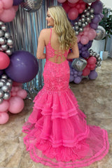 Pink Prom Dress Mermaid Tiered Spaghetti Straps Long Formal Dress With Slit