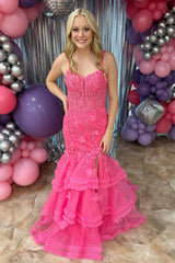 Pink Prom Dress Mermaid Tiered Spaghetti Straps Long Formal Dress With Slit