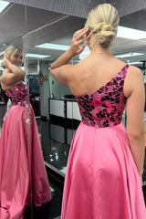 Pink Prom Dress Mirror One Shoulder Long Evening Dress with Slit
