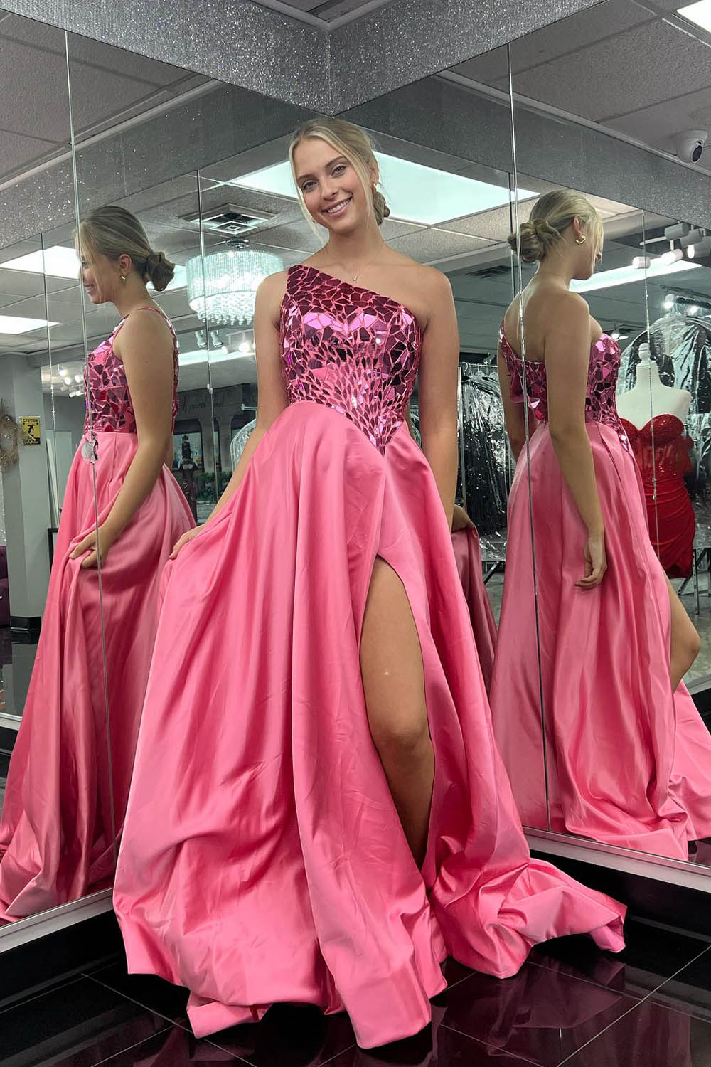 Pink Prom Dress Mirror One Shoulder Long Evening Dress with Slit