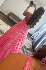 Pink Prom Dress One Shoulder A Line Sequined Evening Dress