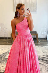 Pink Prom Dress One Shoulder A Line Sequined Evening Dress