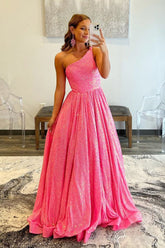 Pink Prom Dress One Shoulder A Line Sequined Evening Dress