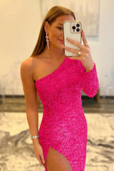 Pink Prom Dress One Shoulder Sequined Evening Dress