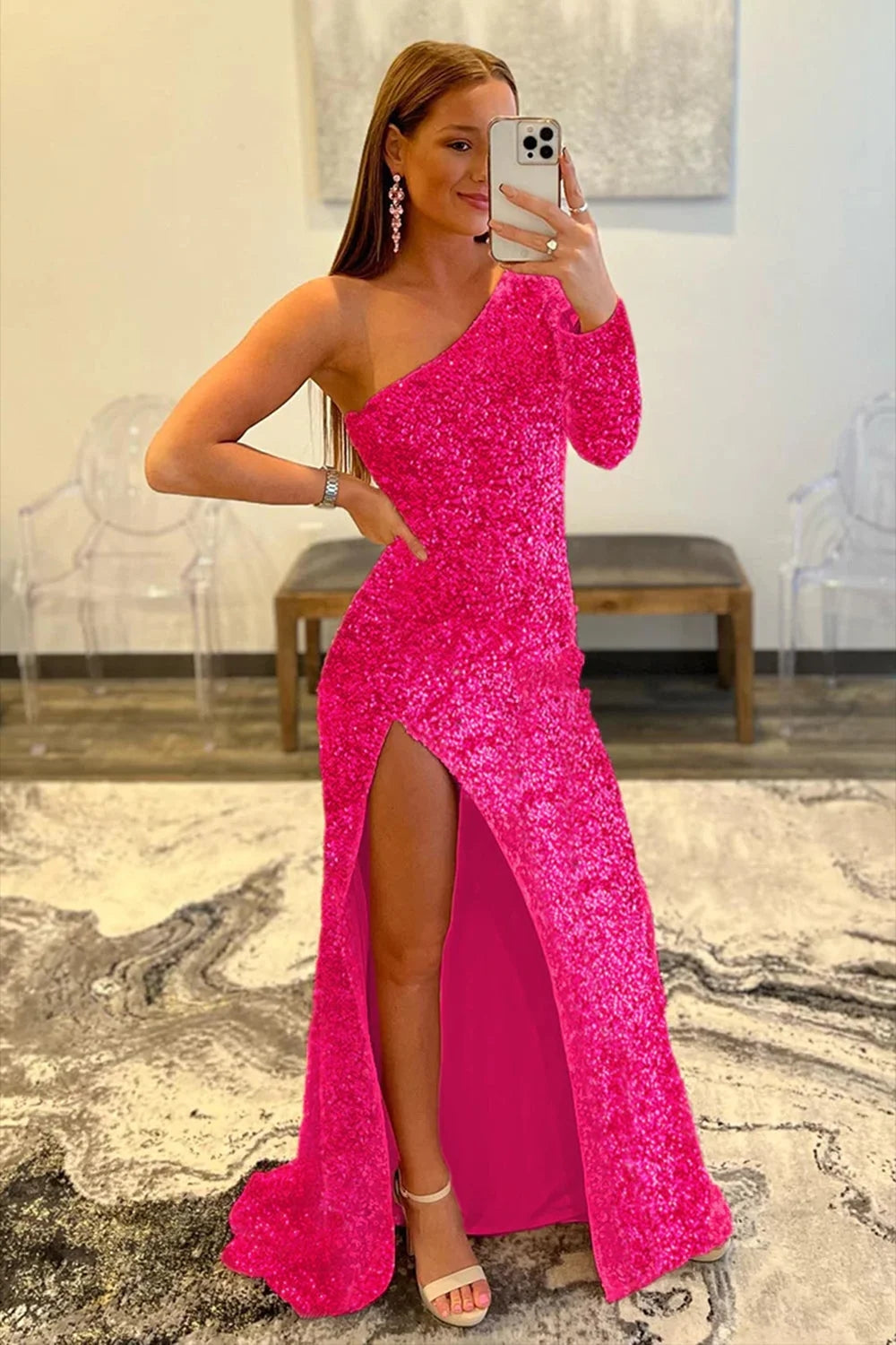 Pink Prom Dress One Shoulder Sequined Evening Dress