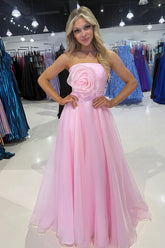 Pink Prom Dress Organza Strapless A Line Long Pageant Dress With 3D Flower