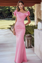 Pink Prom Dress Satin Mermaid Ruched Long Formal Dress With Ruffled Sleeves