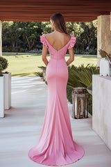Pink Formal Dress Satin Mermaid Ruched Long Wedding Guest Dress With Ruffled Sleeves