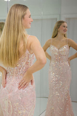 Pink Prom Dress Spaghetti Straps Corset Mermaid Tulle Formal Dress