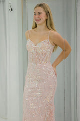 Pink Prom Dress Spaghetti Straps Corset Mermaid Tulle Formal Dress