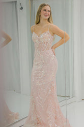 Pink Prom Dress Spaghetti Straps Corset Mermaid Tulle Formal Dress