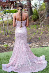 Pink Spaghetti Straps Mermaid Prom Dress Sleeveless Sequined Formal Dress