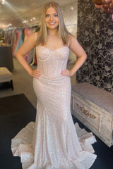 Pink Prom Dress Spaghetti Straps Mermaid Corset Evening Dress with Slit