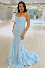 Pink Spaghetti Straps Mermaid Prom Dress Sleeveless Sequined Formal Dress