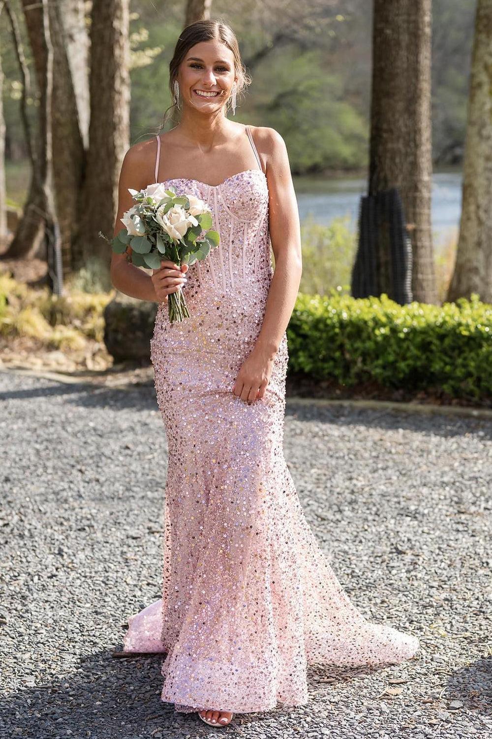 Pink Spaghetti Straps Mermaid Prom Dress Sleeveless Sequined Formal Dress