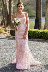 Pink Spaghetti Straps Mermaid Prom Dress Sleeveless Sequined Formal Dress