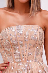 Pink Prom Dress Strapless A Line Sleeveless Beaded Lace Up Tulle Formal Dress With Appliques