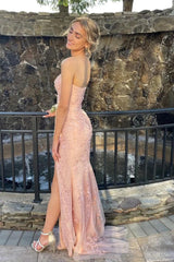 Pink Prom Dress Strapless Lace Long Evening Dress with Slit