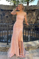 Pink Prom Dress Strapless Lace Long Evening Dress with Slit