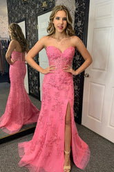 Pink Prom Dress Sweetheart Corset Long Lace Formal Dress With Slit