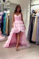 Pink Prom Dress Tiered A-Line Strapless Long Formal Dress