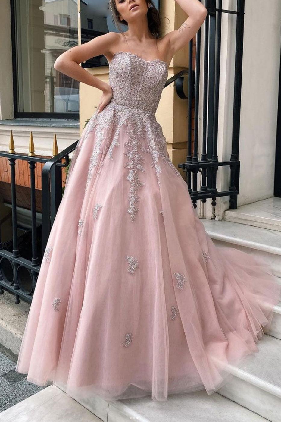Pink Prom Dress Tulle Lace Long Evening Dress