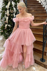 Pink Prom Dress Tulle Ruffled Off The Shoulder Formal Dress With Slit