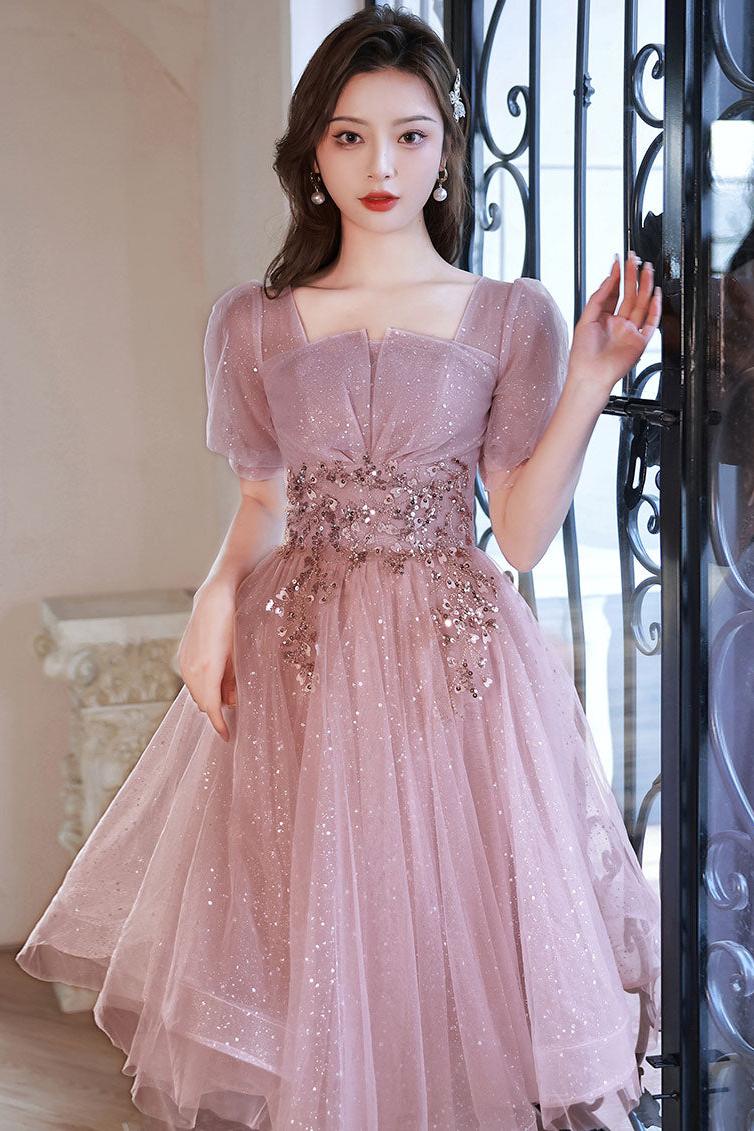 Pink Prom Dress Tulle Sequin Short Formal Evening Dress
