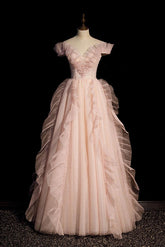 Pink Prom Dress V Neck Off the Shoulder Long Evening Dress