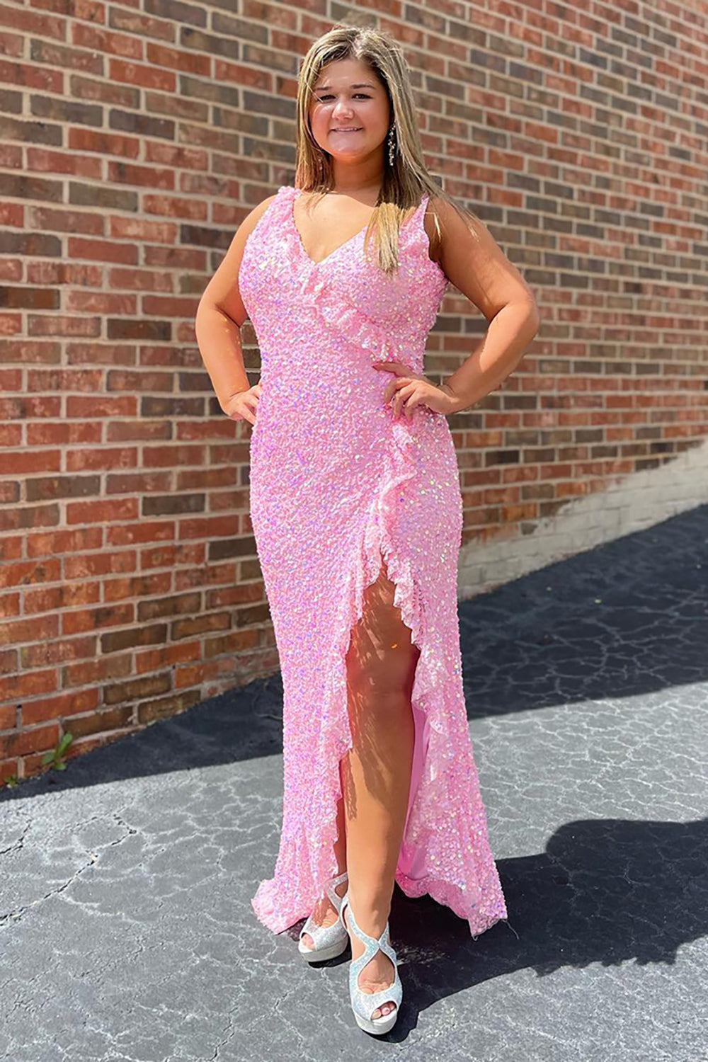 Pink Prom Dress V-Neck Ruffled Mermaid Formal Dress With Slit