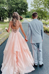 Pink Prom Dress V Neck Tulle Long Formal Evening Dress