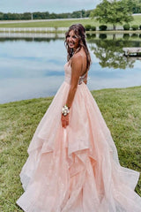 Pink Prom Dress V Neck Tulle Long Formal Evening Dress
