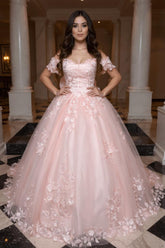 Pink Quinceanera Dress Lace Appliques Ball Gown Off the Shoulder Sweet 16 Dress