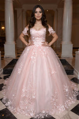 Pink Quinceanera Dress Lace Appliques Ball Gown Off the Shoulder Sweet 16 Dress