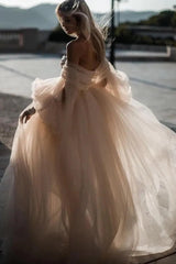 Pink Romantic Long Sleeves Off The Shoulder Wedding Dress With Lace