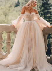 Pink Romantic Long Sleeves Off The Shoulder Wedding Dress With Lace