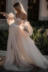 Pink Romantic Long Sleeves Off The Shoulder Wedding Dress With Lace