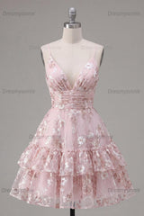 Pink Floral V-Neck Ruched Tiered Ruffled A-Line Short Homecoming Dress