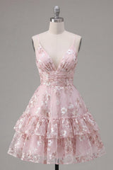 Pink Ruched A Line V-Neck Short Floral Tiered Ruffled Homecoming Dress