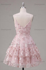 Pink Floral V-Neck Ruched Tiered Ruffled A-Line Short Homecoming Dress