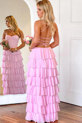 Pink Ruffle Tiered Spaghetti Straps Lace-Up Back Prom Dress With Slit Formal Evening Gown