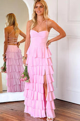 Pink Ruffle Tiered Spaghetti Straps Lace-Up Back Prom Dress With Slit Formal Evening Gown