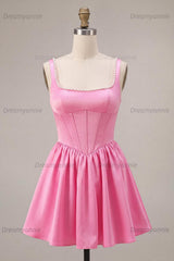 Pink Satin A-Line Corset Beaded Short Homecoming Dress