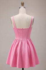 Pink Satin A-Line Corset Beaded Short Homecoming Dress